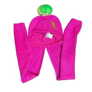 DISNEY PARKS Mickey Mouse Beanie Hat Scarf attached Hot Pink Green Cozy EUC